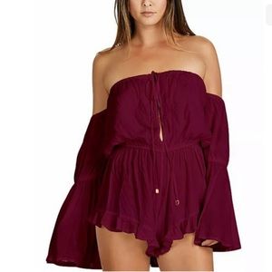Radio Fiji Sokally Burgundy Off the Shoulder Flare Sleeves Romper